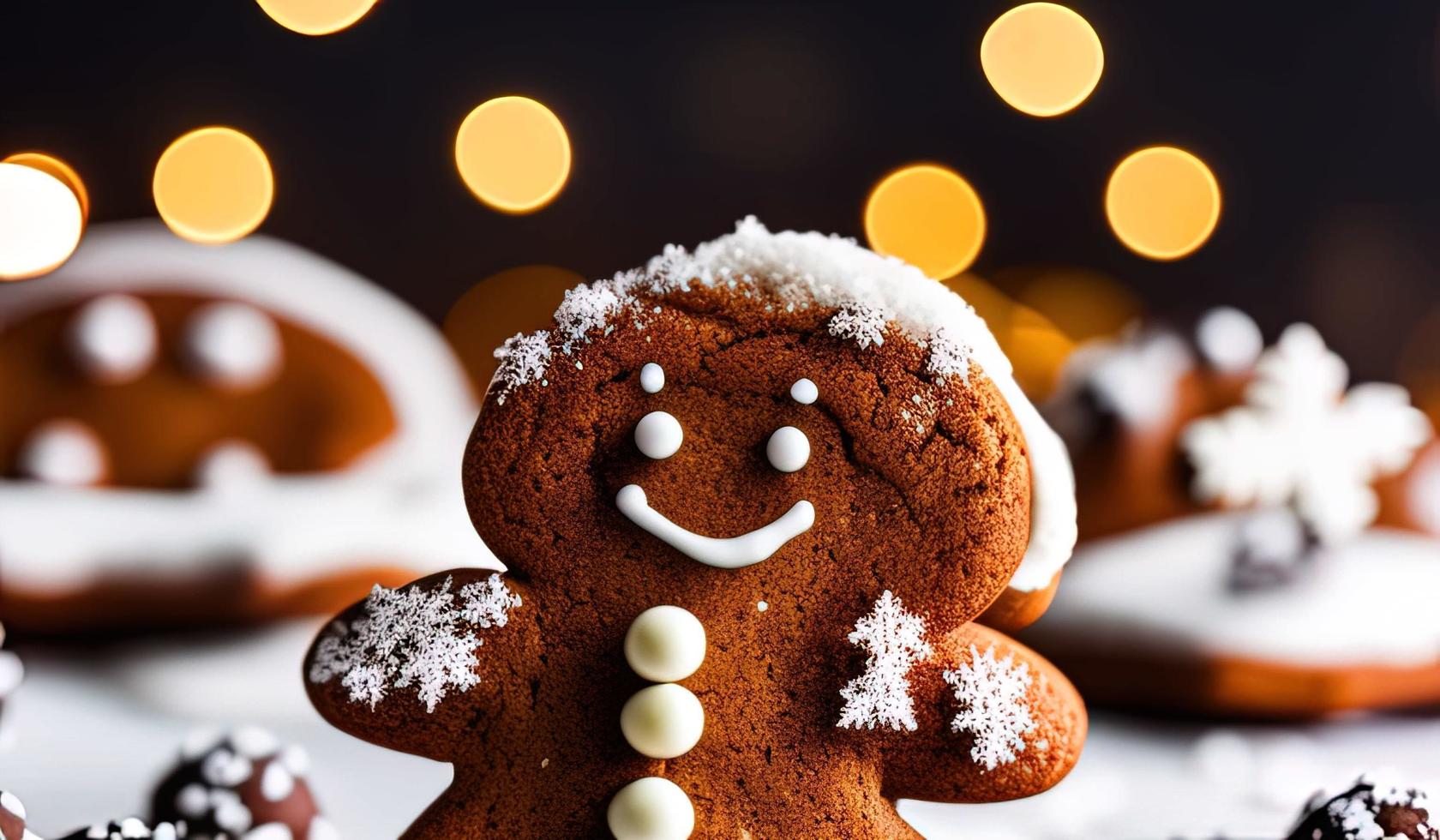 professioneel voedsel fotografie van een drie peperkoek Mens koekjes vallen foto