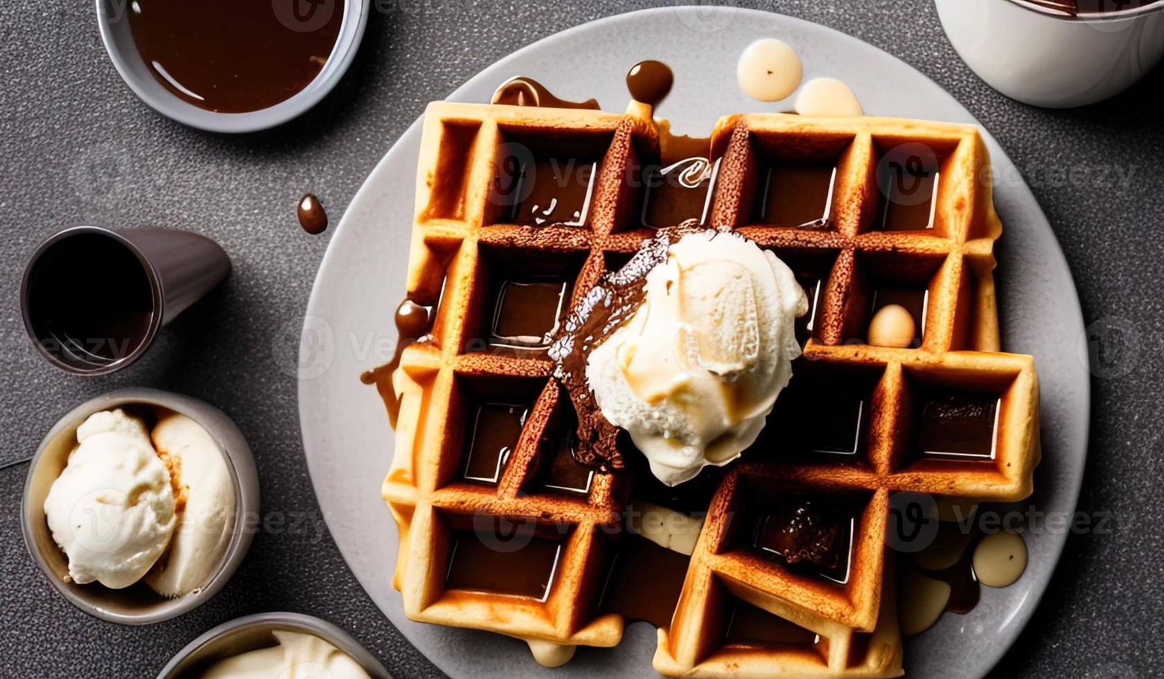 professioneel voedsel fotografie dichtbij omhoog van een bord van belgisch wafels met chocola saus en ijs room Aan een donker grijs achtergrond foto