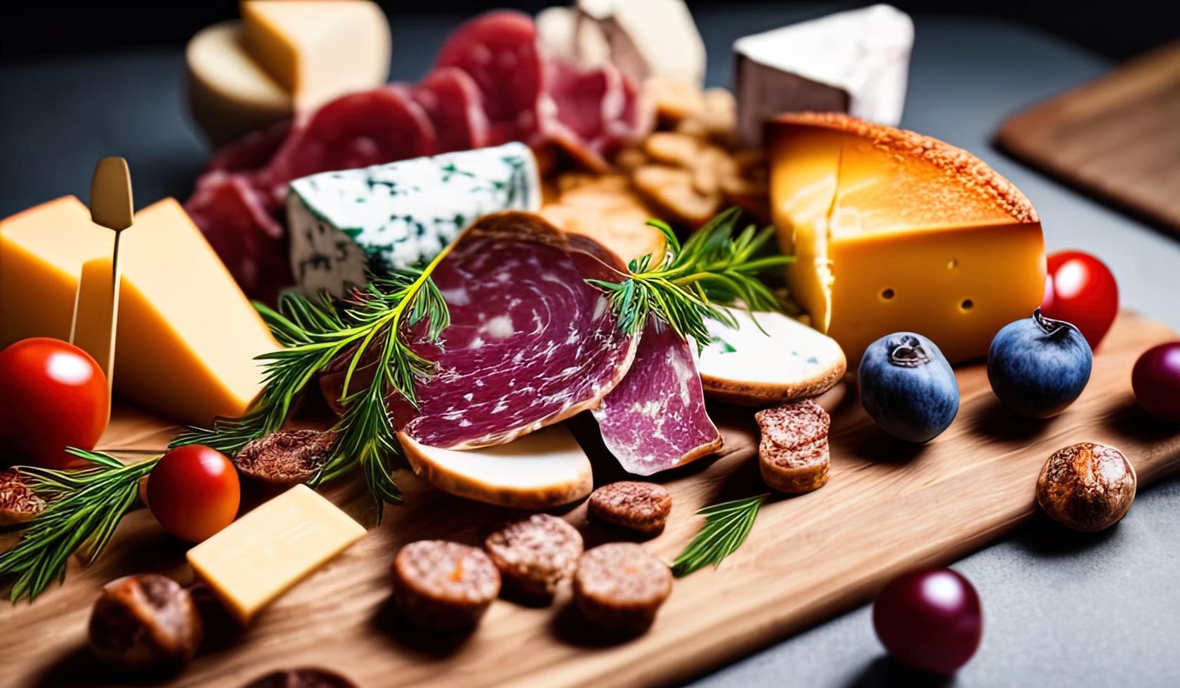 professioneel voedsel fotografie dichtbij omhoog van een kaas en vleeswaren bord zittend Aan top van een tafel foto