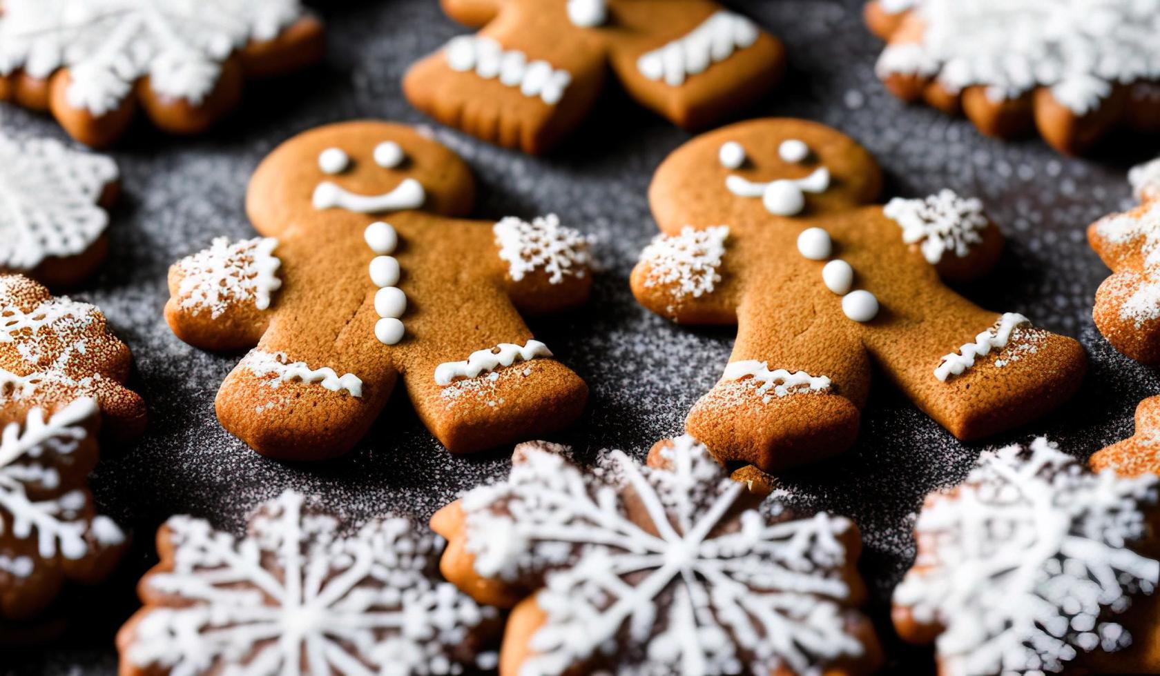 professioneel voedsel fotografie van een drie peperkoek Mens koekjes vallen foto