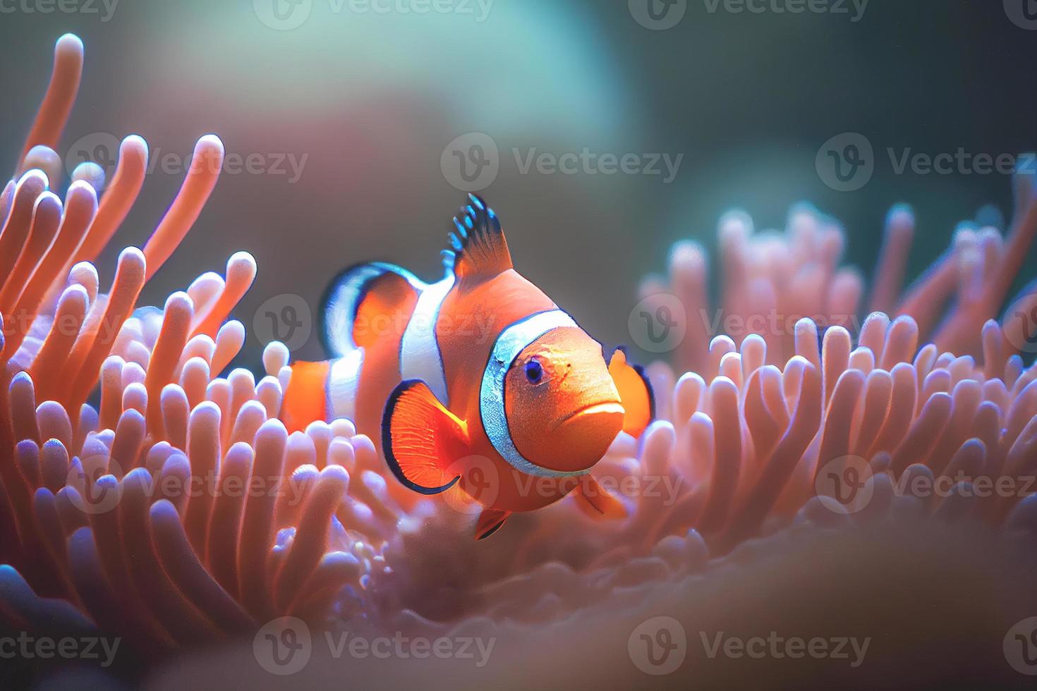 dichtbij omhoog van een helder gekleurde clown vis zwemmen tussen de koraal in aquarium tank. foto