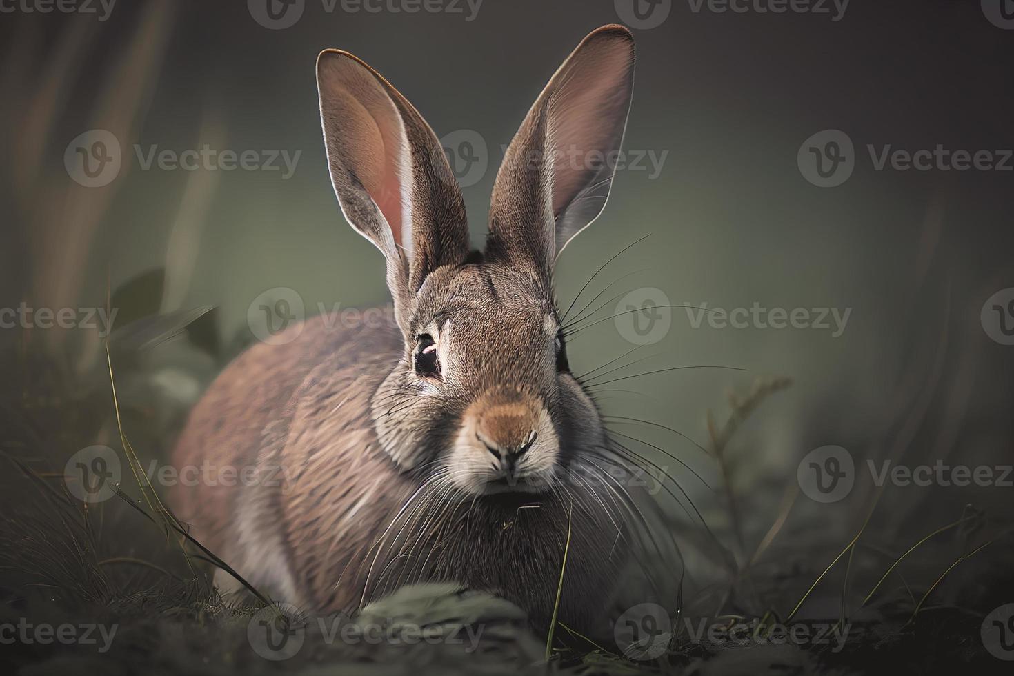 aanbiddelijk detailopname van een klein konijn zittend temidden van groen gras. perfect voor presentatie van de schattig en pluizig kant van natuur foto