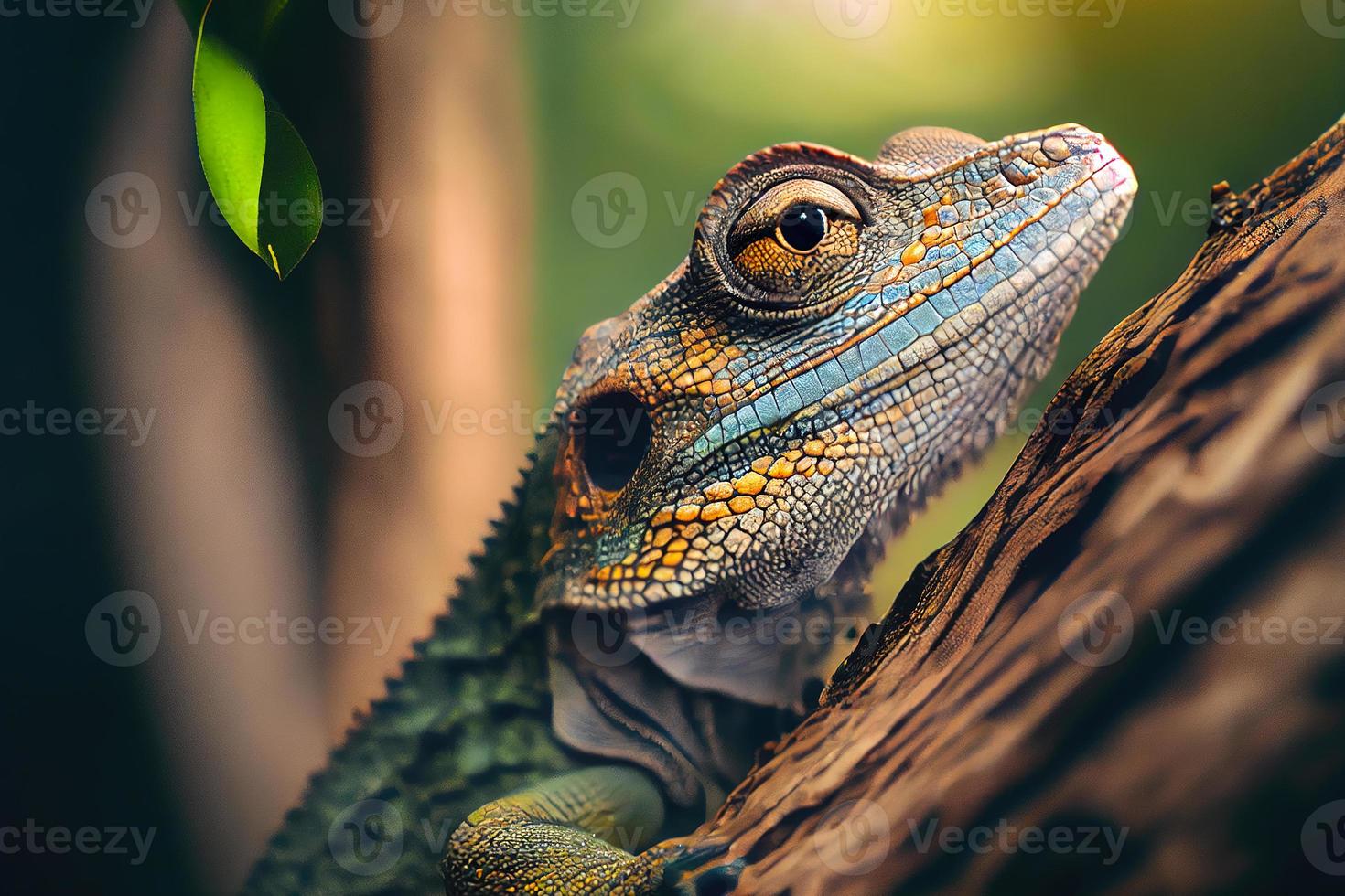 dichtbij omhoog van een reptiel Aan een boom tak, reeks tegen een verbijsterend hd natuurlijk achtergrond behang foto