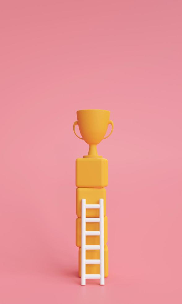 ladder voor beklimming omhoog naar de kampioen trofee. bedrijf idee ladder naar succes en bereiken doelen of ambities. 3d geven illustratie foto