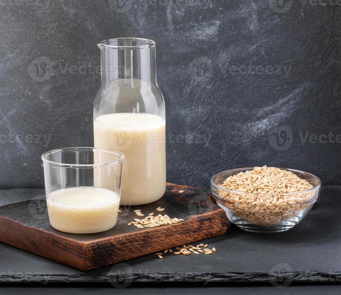 gezond veganistisch zuivel vrij haver melk in glas fles en glas en haver zaden Aan glas kom Aan grijs achtergrond. foto
