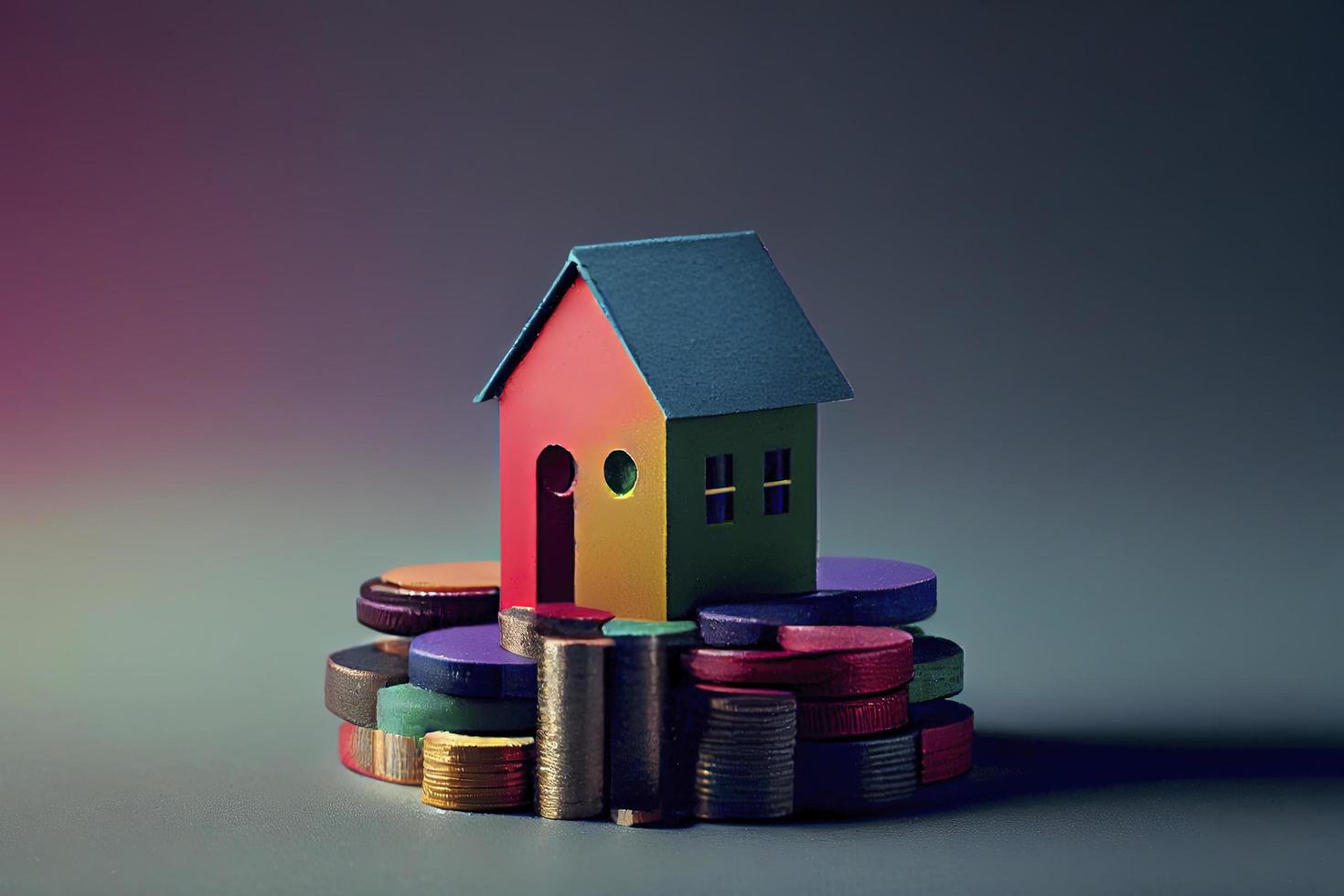 miniatuur kleurrijk huis Aan stack munten gebruik makend van net zo eigendom en financieel concept foto