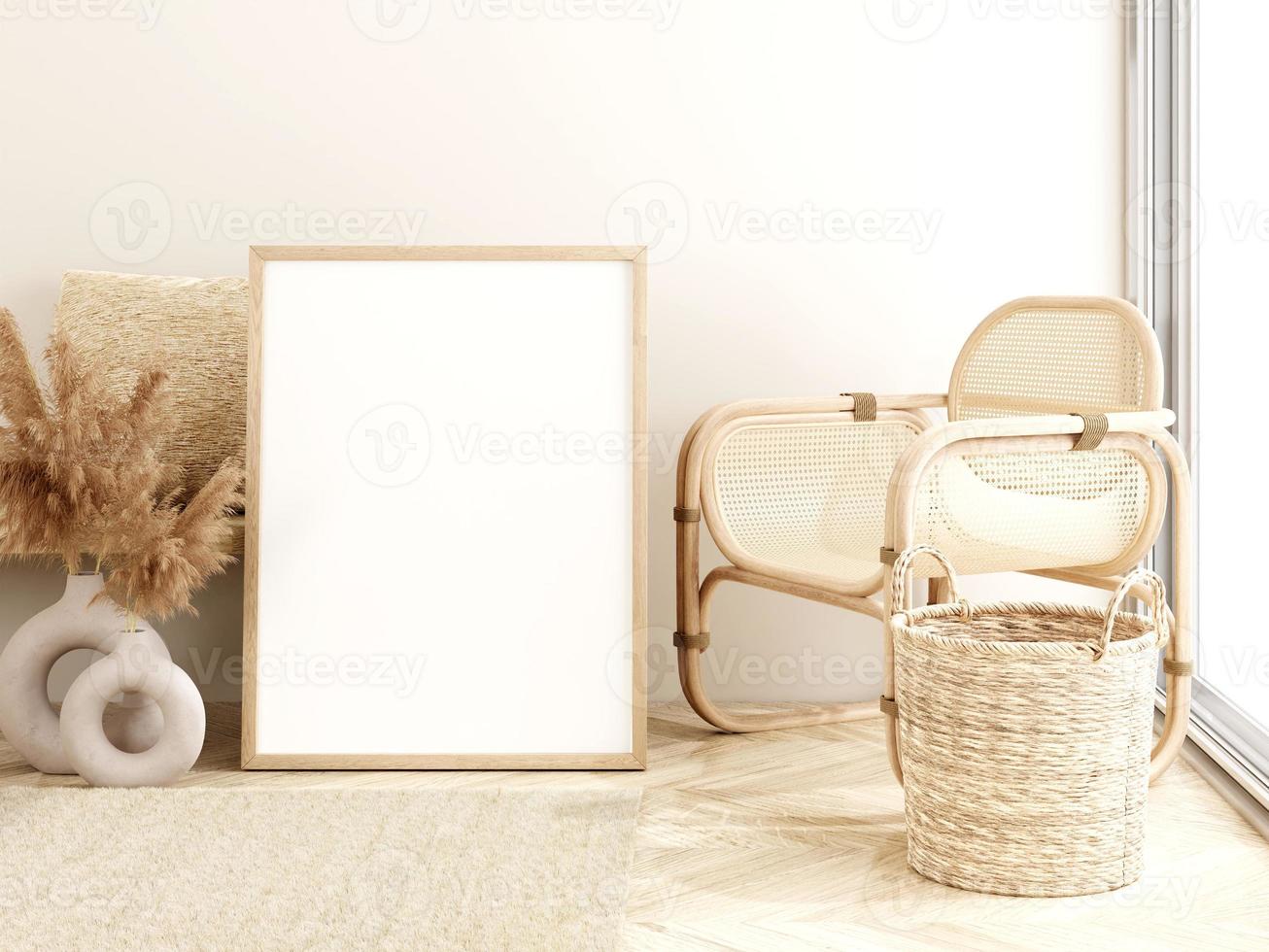 frame en poster mockup in boho-stijl interieur. 3D-rendering, 3d illustratie foto