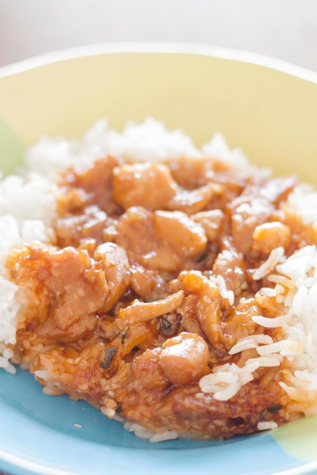 geroerd varkensvlees met saus bovenop rijst foto