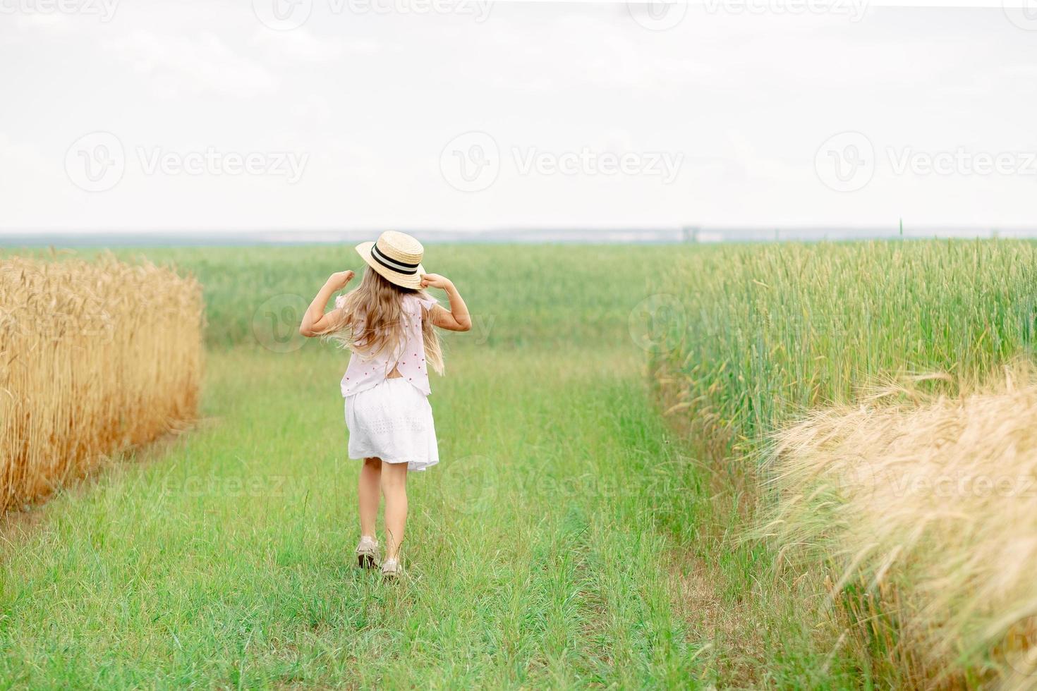 meisje in een tarwe veld. meisje in een hoed. kind in de dorp. foto