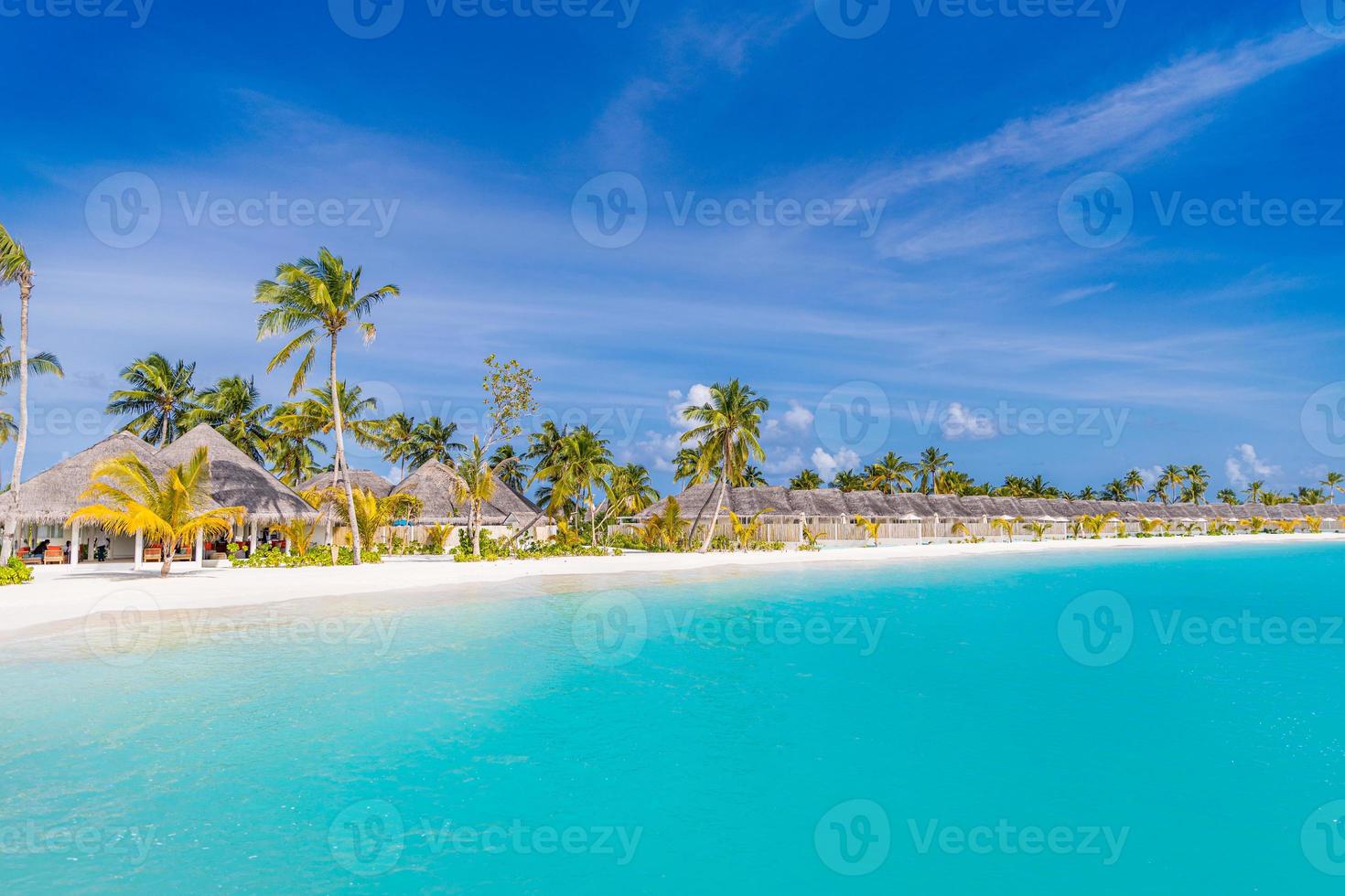 mooi tropisch Maldiven eiland met strand, zee en kokosnoot palm boom Aan blauw lucht voor natuur vakantie vakantie achtergrond concept. luxe zomer reizen bestemming, mooi strand landschap foto