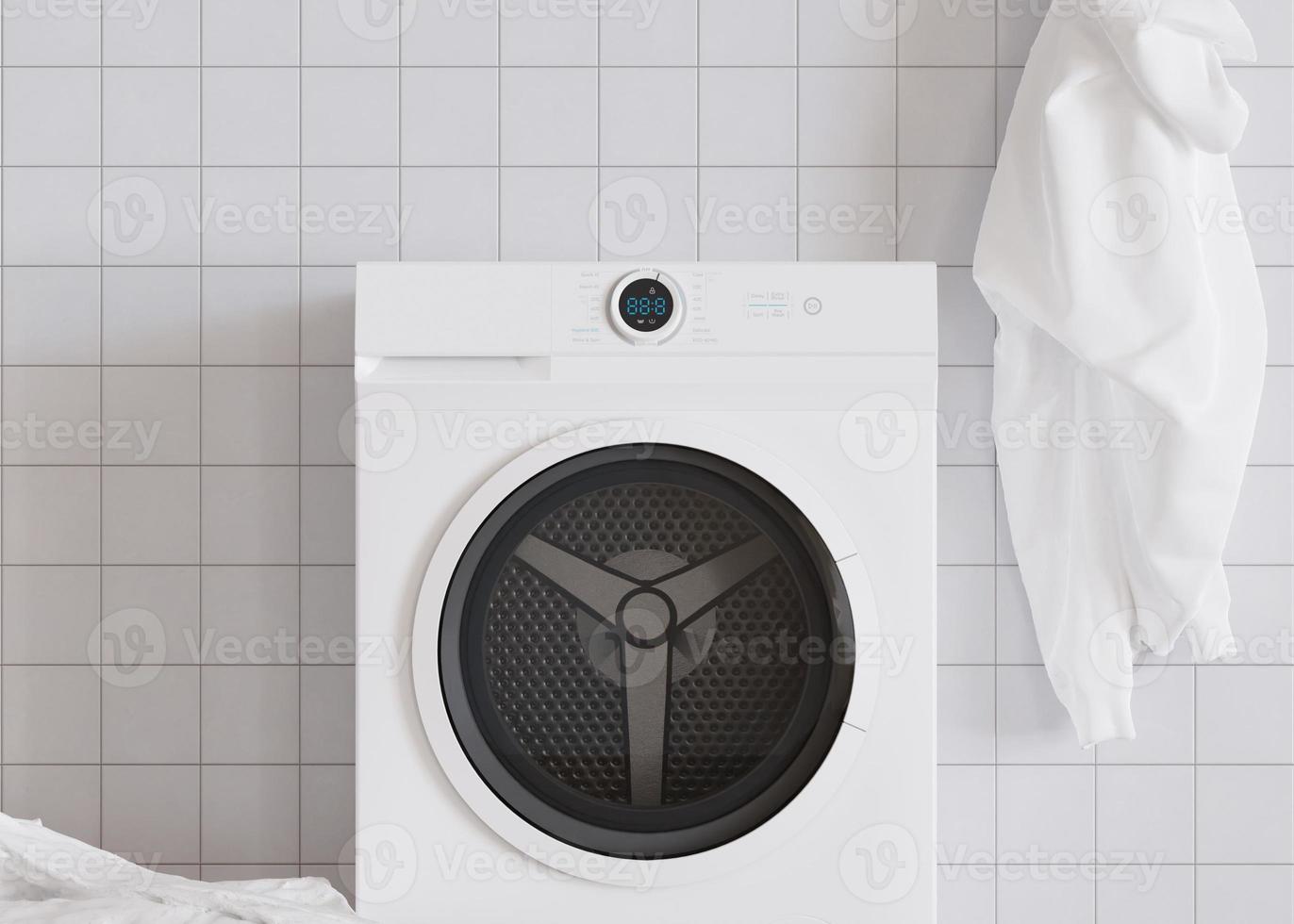 het wassen machine staand in kamer, dichtbij omhoog visie. huishouden elektrisch apparatuur. modern huis toestel gebruikt naar wassen de was. voorlader kleren wasmachine. 3d weergave. foto