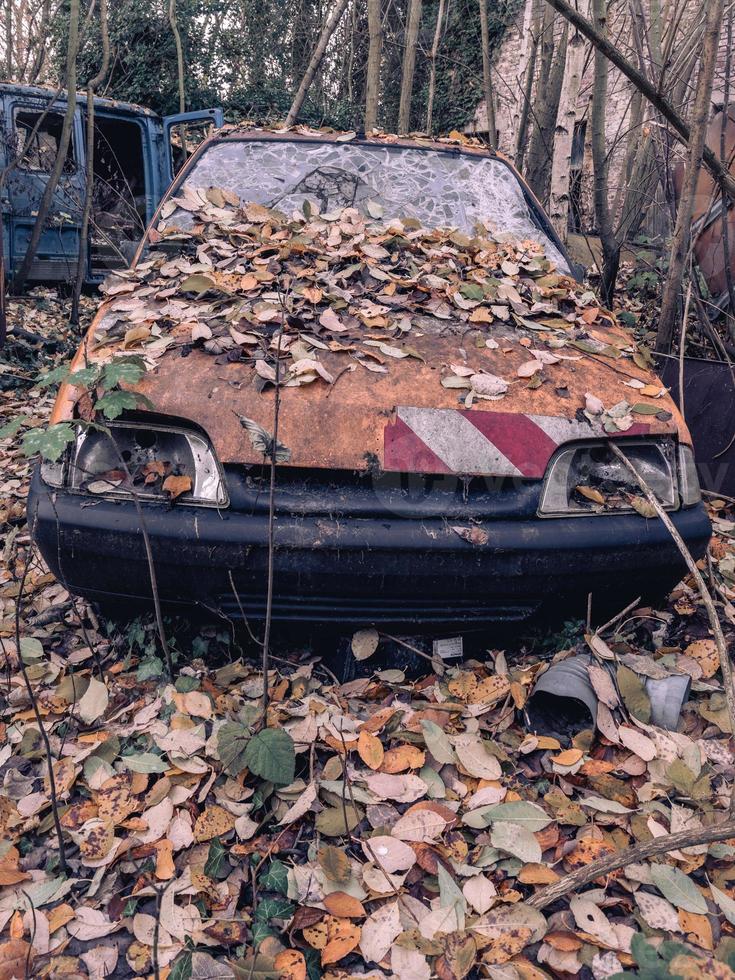 oud verlaten auto's gedumpt in de Woud ergens in belgië. foto