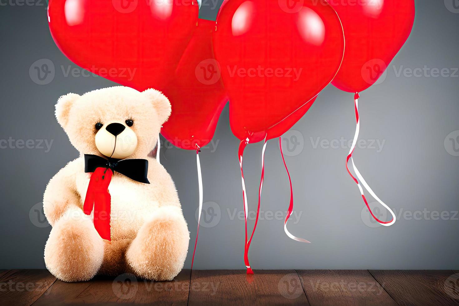 zacht glimlach van een teddy beer Holding een ballon foto