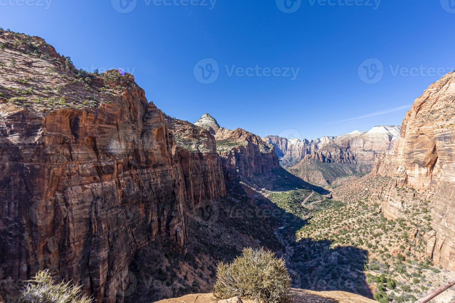 visie over- pijnboom kreek Ravijn in de Zion nationaal park in winter foto