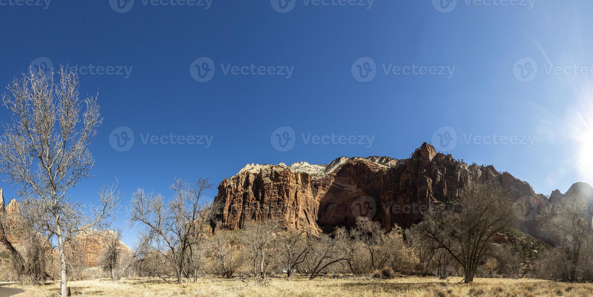 indruk van maagd rivier- wandelen pad in de Zion nationaal park in winter foto