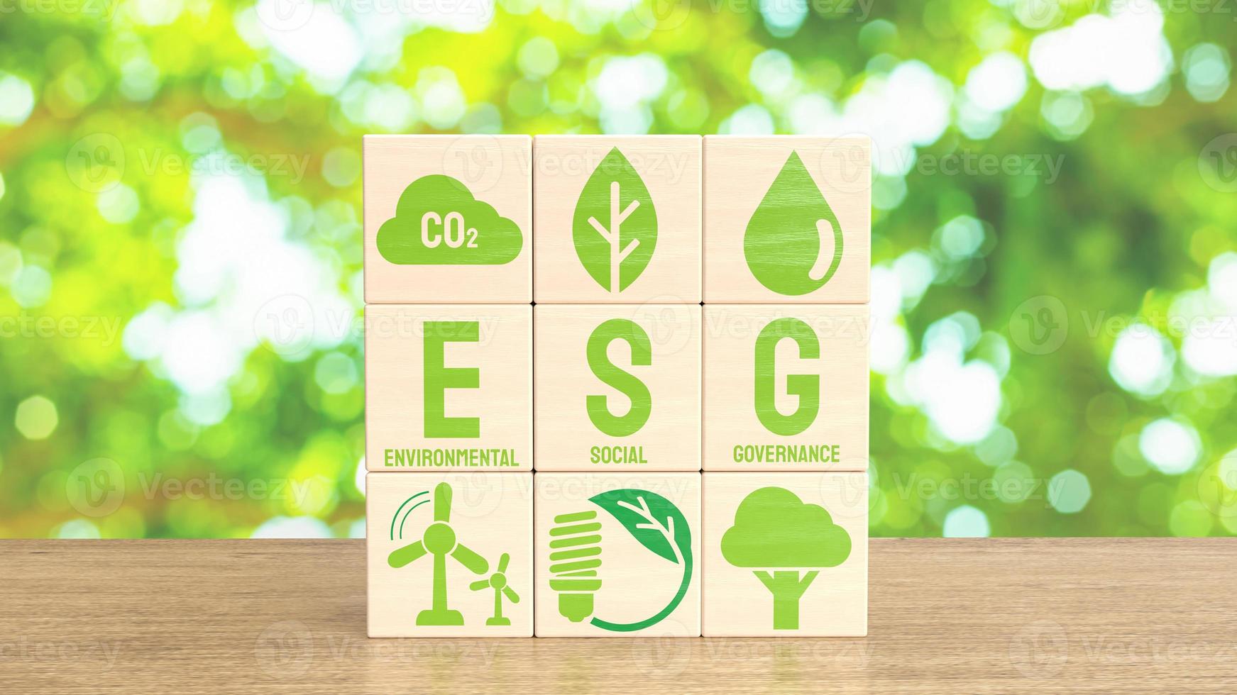 de esg en eco icoon Aan hout kubus voor eco concept 3d renderen foto