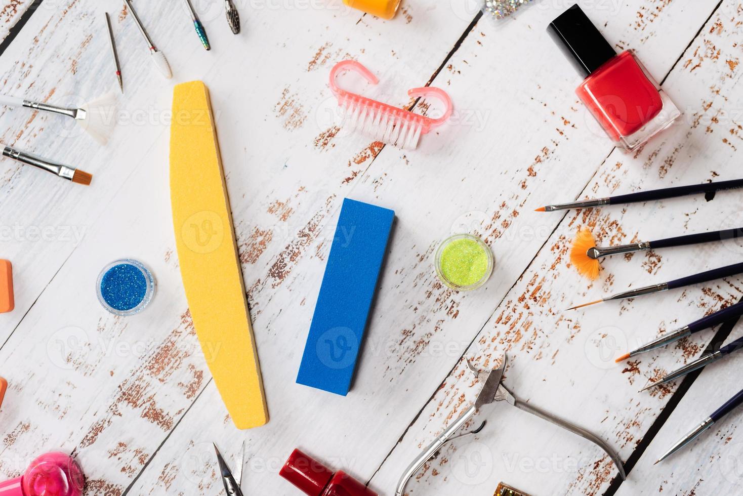 manicure hulpmiddelen, pailletten, nagel poetsmiddelen. de visie van de top foto