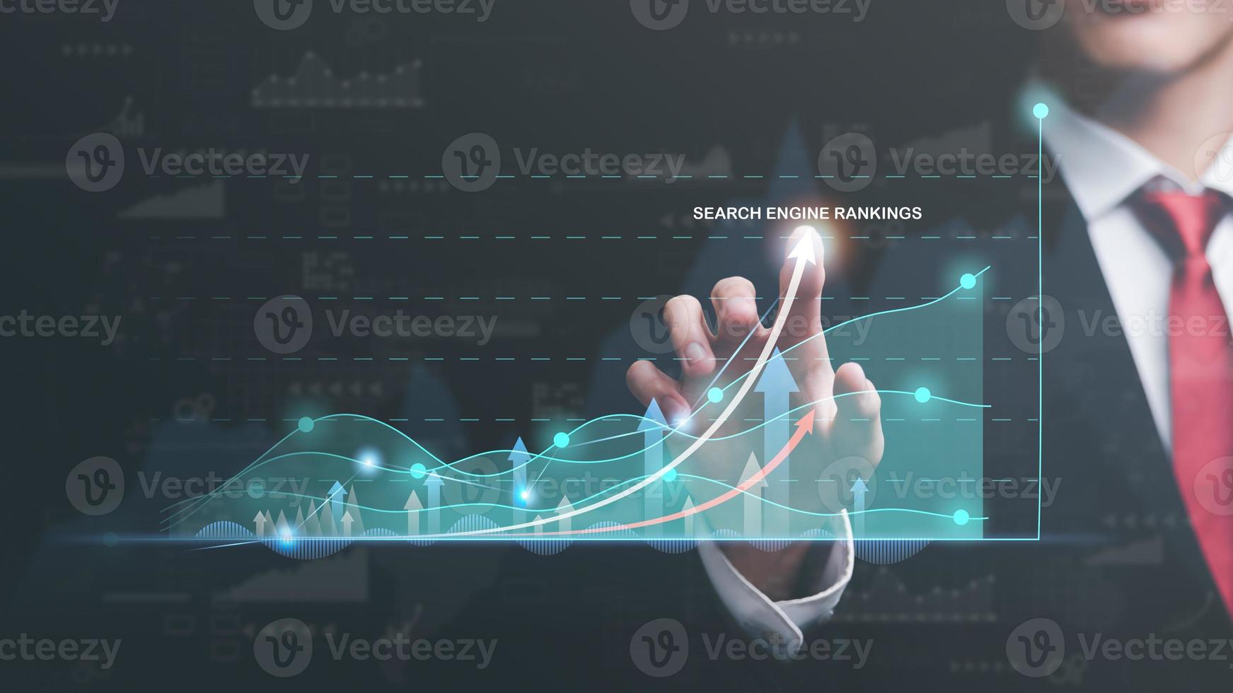 marketeer richten naar diagram en tonen concept seo optimalisatie analyzer zoeken motor ranking sociaal media sites gebaseerd Aan resultaten analytics gegevens, marketing strategie naar maken consumenten Ontdek website foto