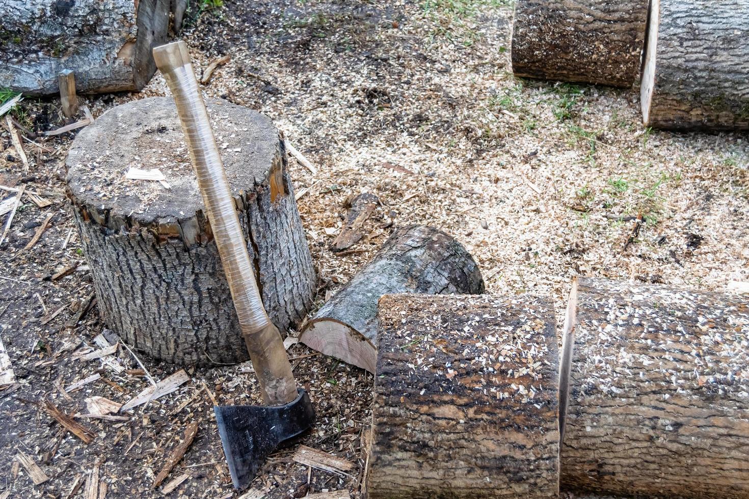 fotografie op thema grote stalen bijl met houten handvat foto