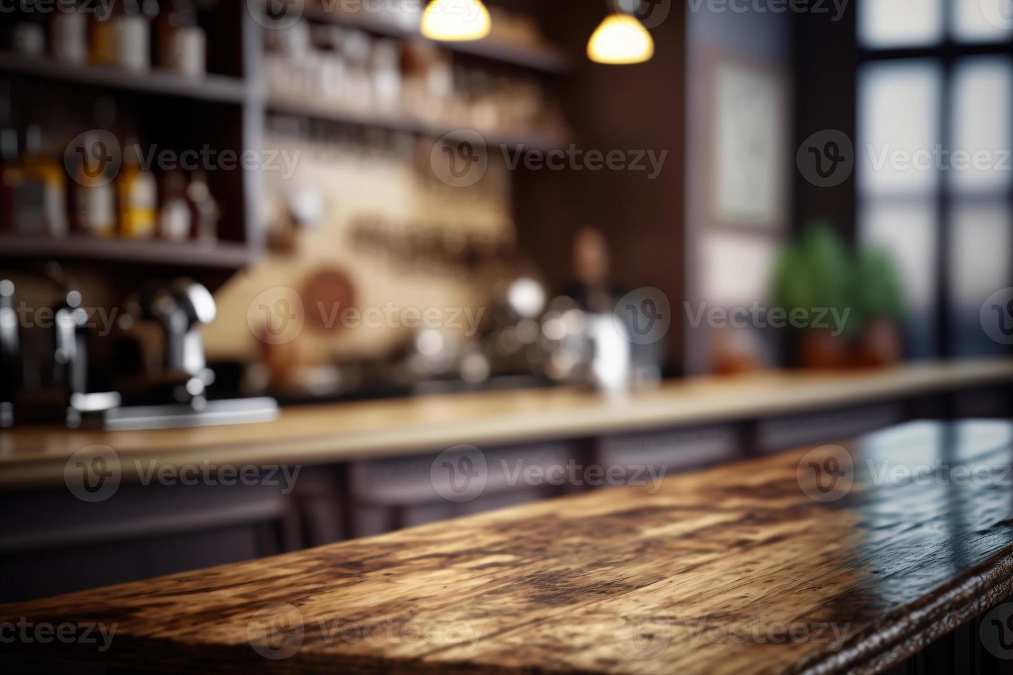 hout tafel top bar met vervagen achtergrond foto