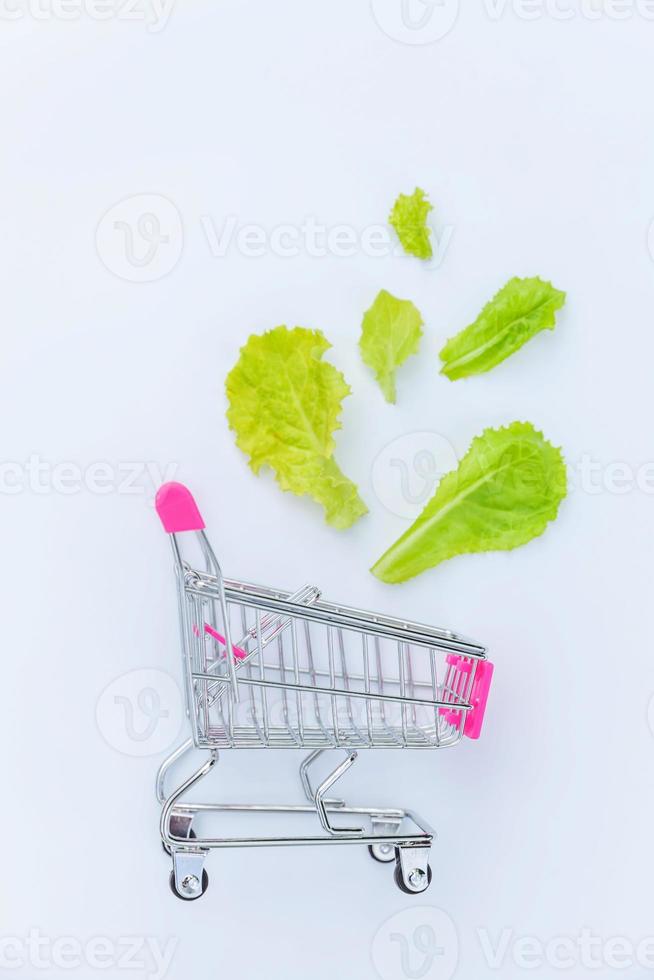 ecologie eco producten Gezondheid voedsel veganistisch vegetarisch concept . klein supermarkt kruidenier Duwen kar voor boodschappen doen met groen sla bladeren geïsoleerd Aan wit achtergrond. vlak leggen top visie kopiëren ruimte. foto