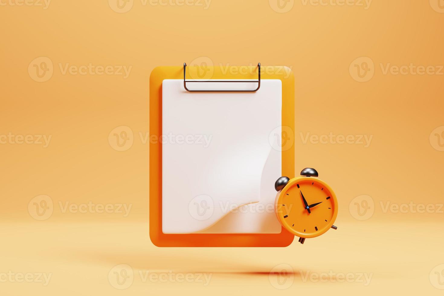 3d renderen oranje klembord met alarm klok icoon. 3d geven illustratie foto