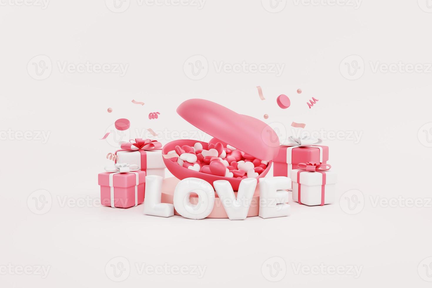 Valentijnsdag dag concept. hart gevulde met harten, Cadeau doos, liefde tekst ballon Aan roze achtergrond. 3d illustratie foto