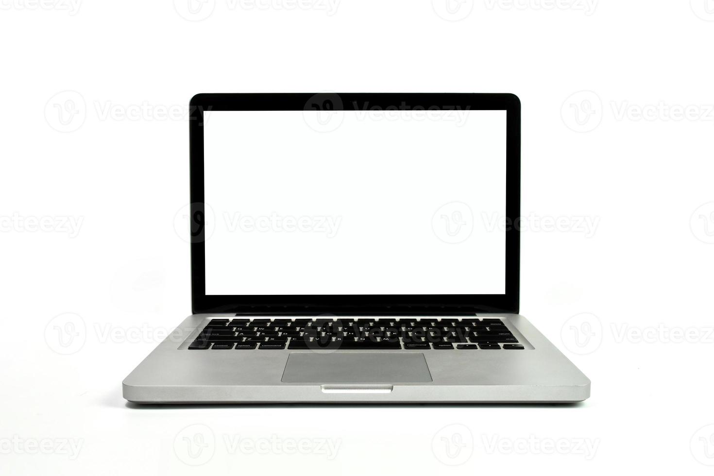 een laptop modern notitieboekje geïsoleerd en leeg scherm wit scherm Aan wit achtergrond visie. foto