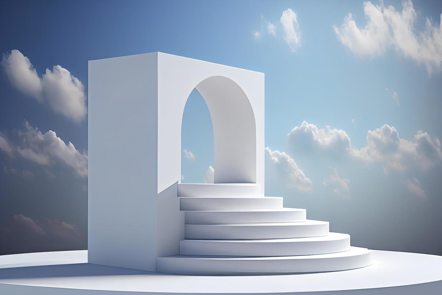 voorkant visie van wit podium en trap met blanco ruimte in blauw bewolkt lucht achtergrond foto
