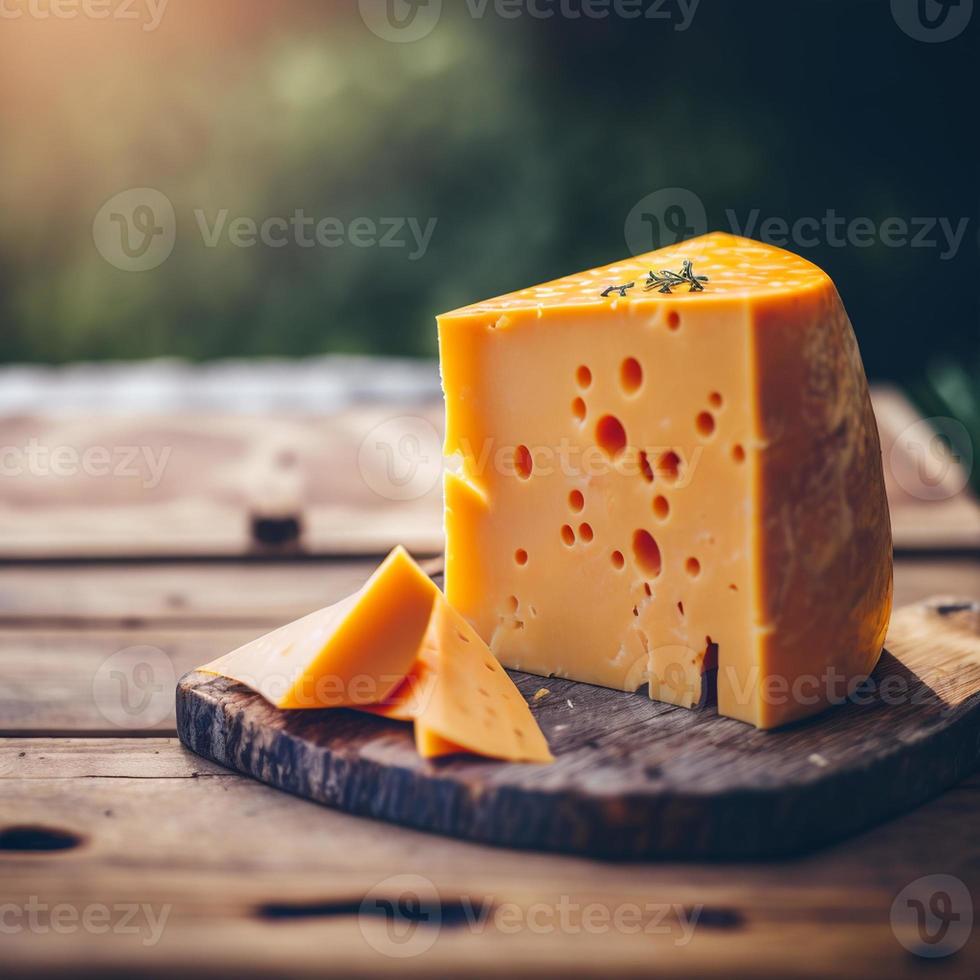 stuk van kaas Aan hout en natuur achtergrond generatief ai foto