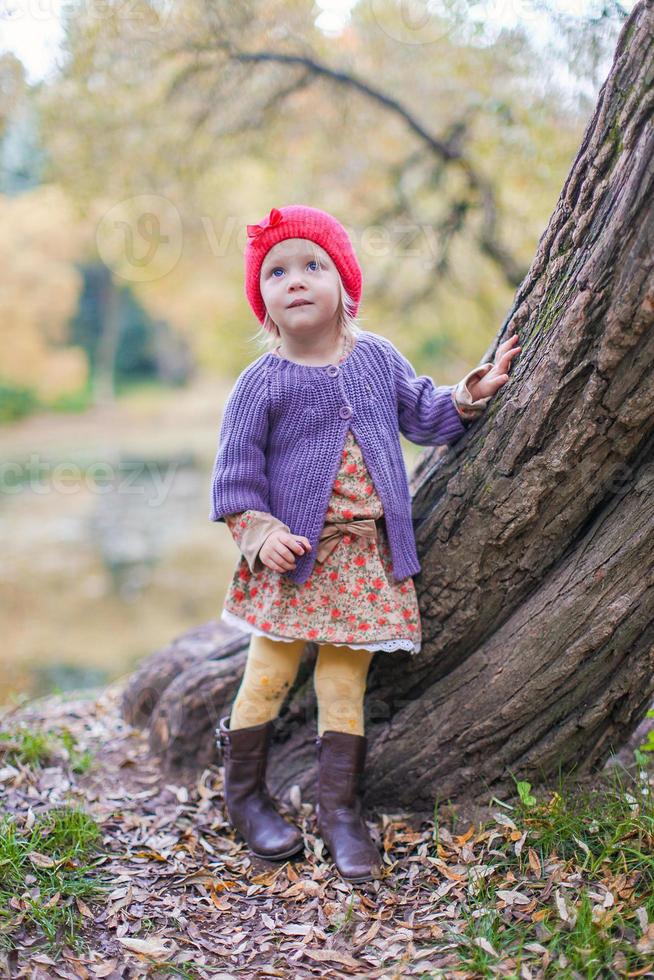 schattig weinig meisje in een rood pet in de buurt meer Bij de herfst park foto