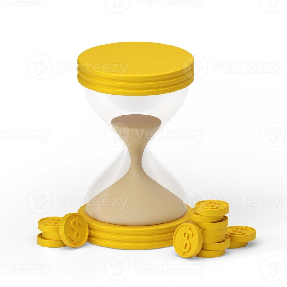 3d renderen van een zandloper met dollar munten. de concept van tijd is geld. wijnoogst zandloper met Doorzichtig glas. geïsoleerd illustratie Aan een wit achtergrond. foto
