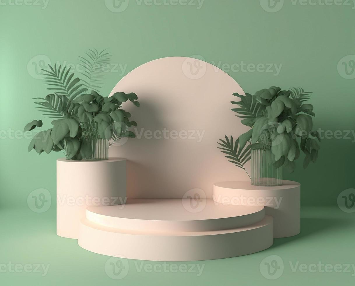 3d podium met bladeren en zacht groen achtergrond foto