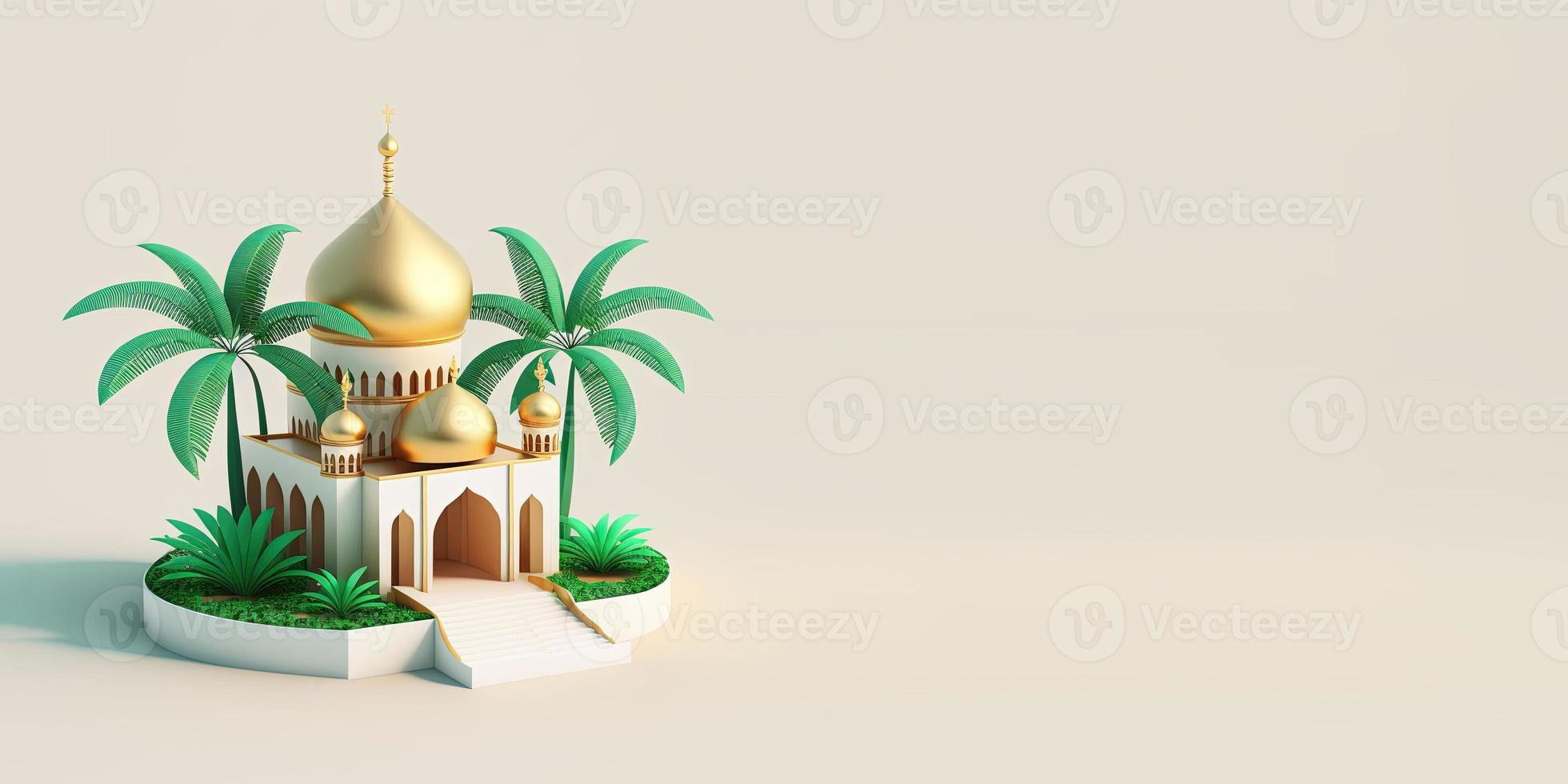 3d mini moskee met gouden koepel voor Ramadan banier foto