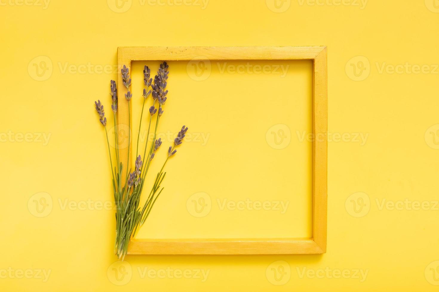 lavendel bloemen en gouden kader Aan gekleurde achtergrond top visie. kopiëren ruimte. foto