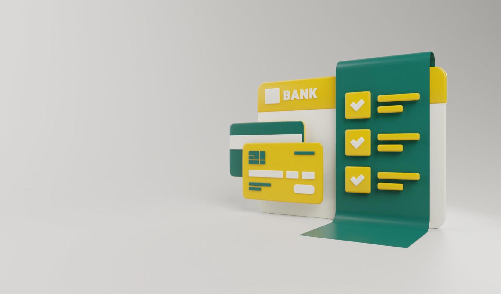 3d geven bank account boek met credit debiteren kaart en transactie controleren, betaling internet bank concept illustratie foto