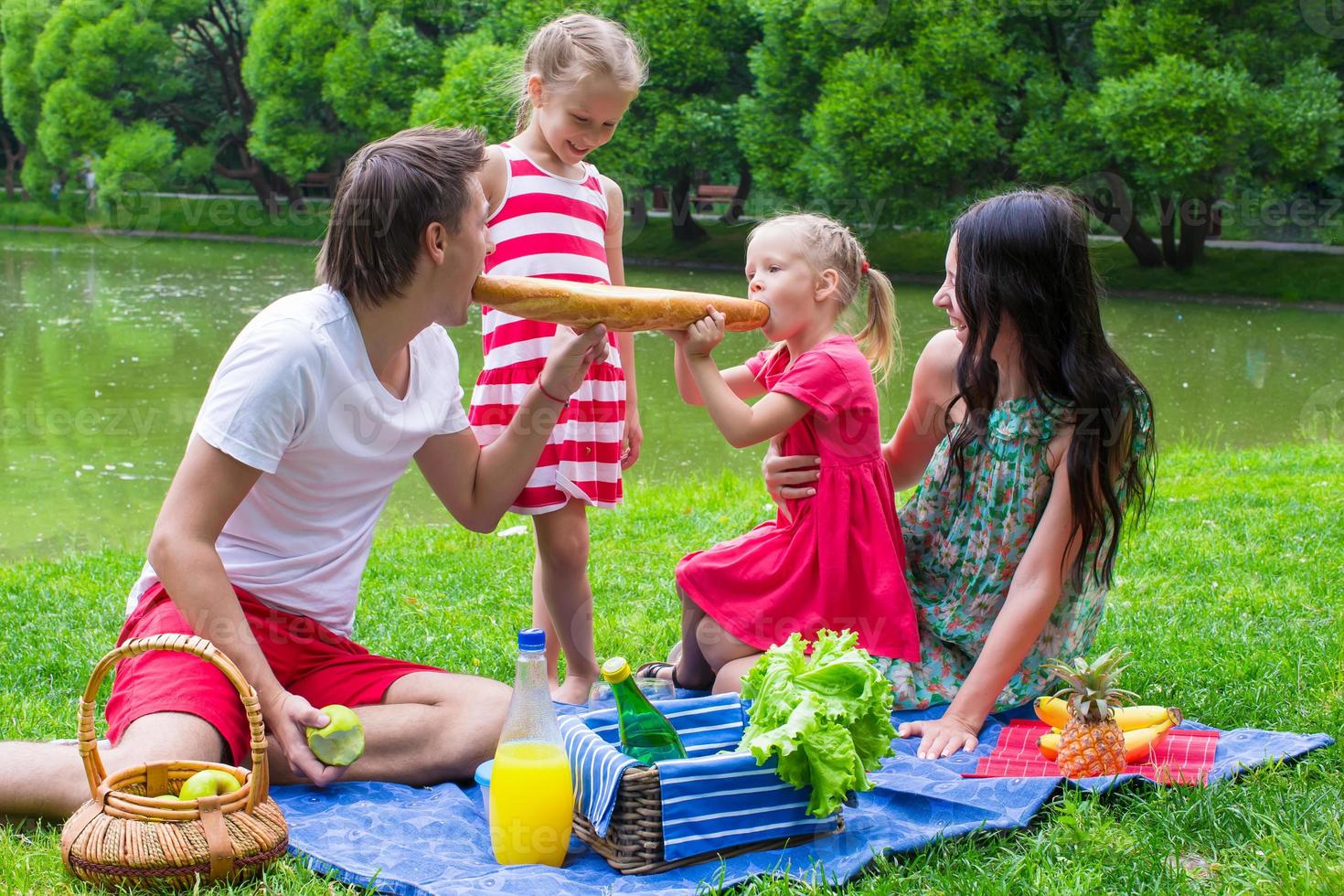 gelukkig jong familie picknicken buitenshuis foto