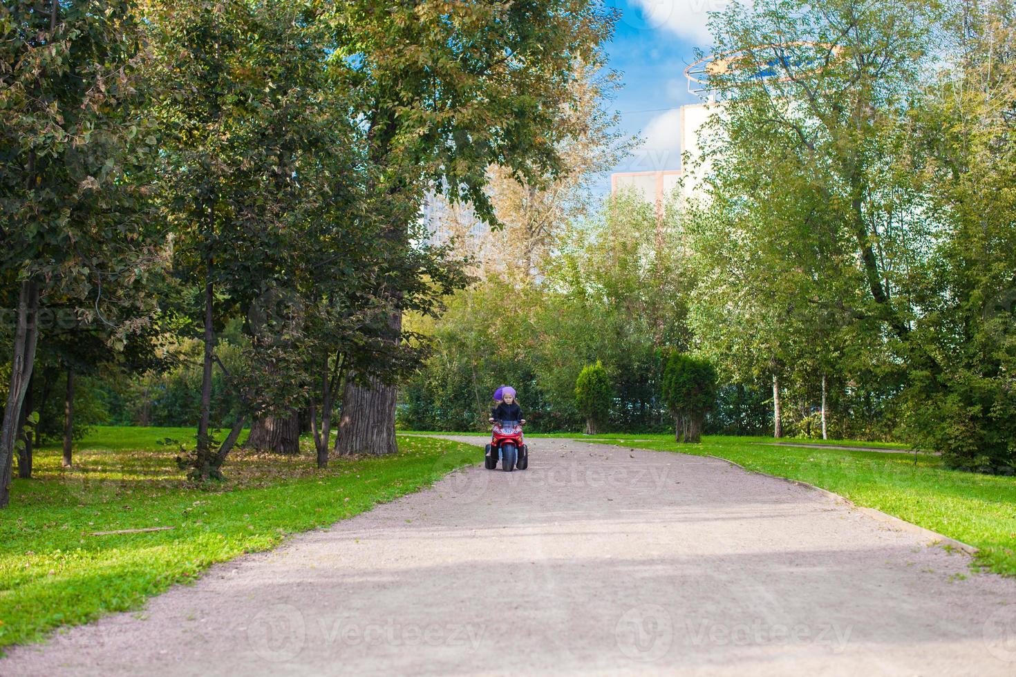 aanbiddelijk weinig meisjes rijden Aan kinderen motobike in de groen park foto