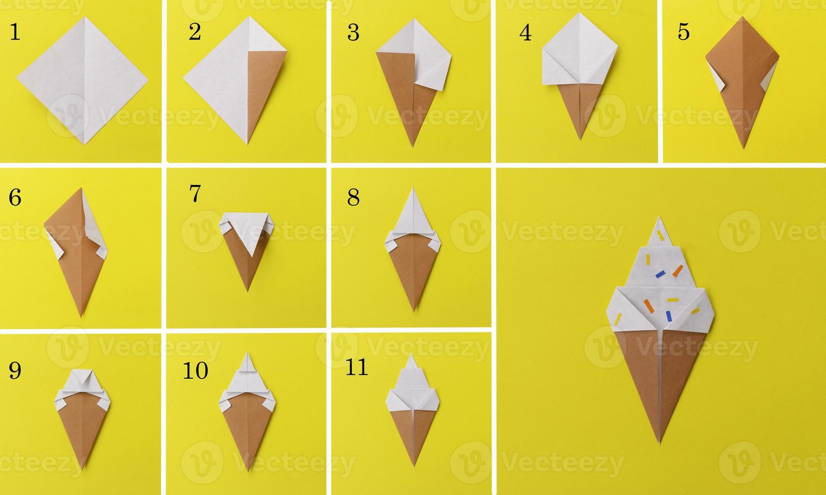 stap door stap foto instructie hoe naar maken origami groot ijs room. gemakkelijk diy met kinderen kinderen concept. collage van de stappen foto.