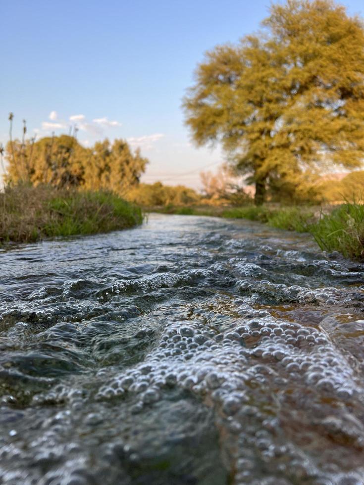 irrigatie water stromen van pijp naar kanaal voor landbouw velden foto