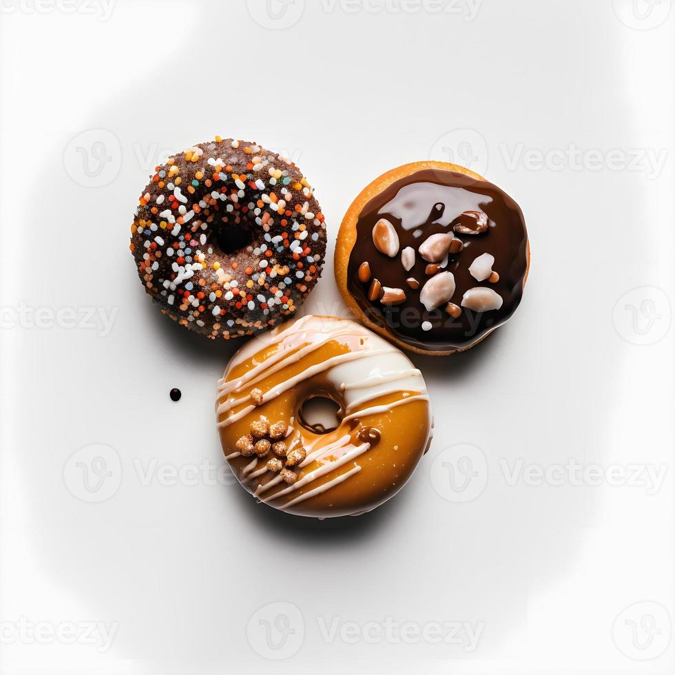 donuts Aan wit achtergrond, perfect voor reclame, verpakking, menu's, kookboeken. markeren structuur en details, schot van bovenstaande, hoge resolutie geschikt voor afdrukken, affiches, banners en meer foto