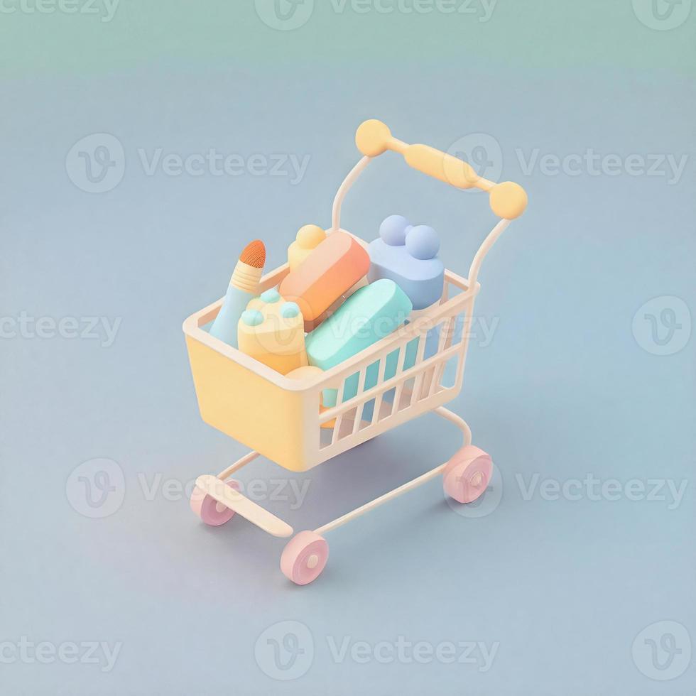 schattig grillig 3d boodschappen doen kar icoon karakter perfect voor e-commerce, kleinhandel projecten, website pictogrammen, app toetsen, afzet materialen. aanbiddelijk cartoonachtig ontwerp, vrolijk kleuren foto