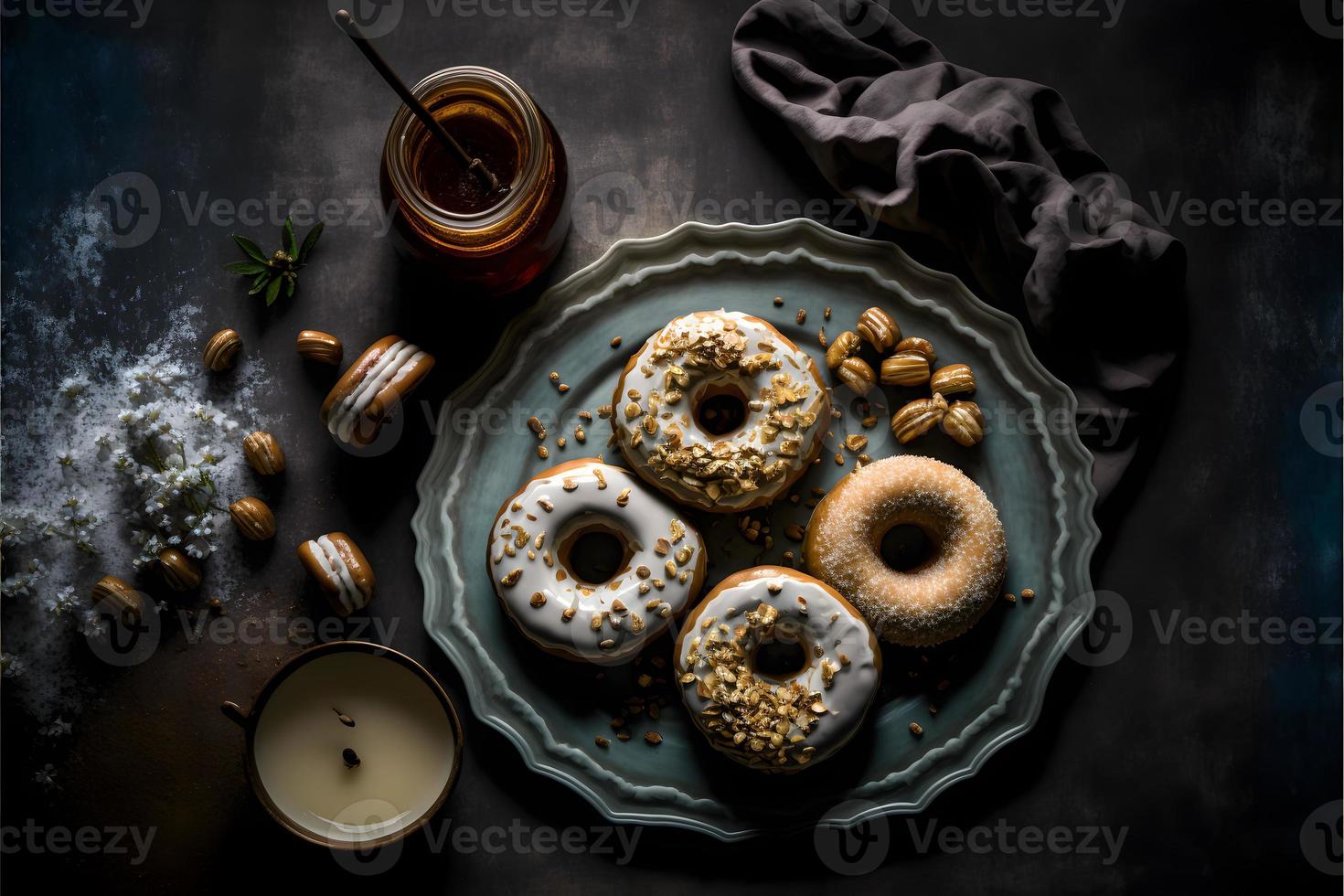 donuts Aan wit achtergrond, perfect voor reclame, verpakking, menu's, kookboeken. markeren structuur en details, schot van bovenstaande, hoge resolutie geschikt voor afdrukken, affiches, banners en meer foto