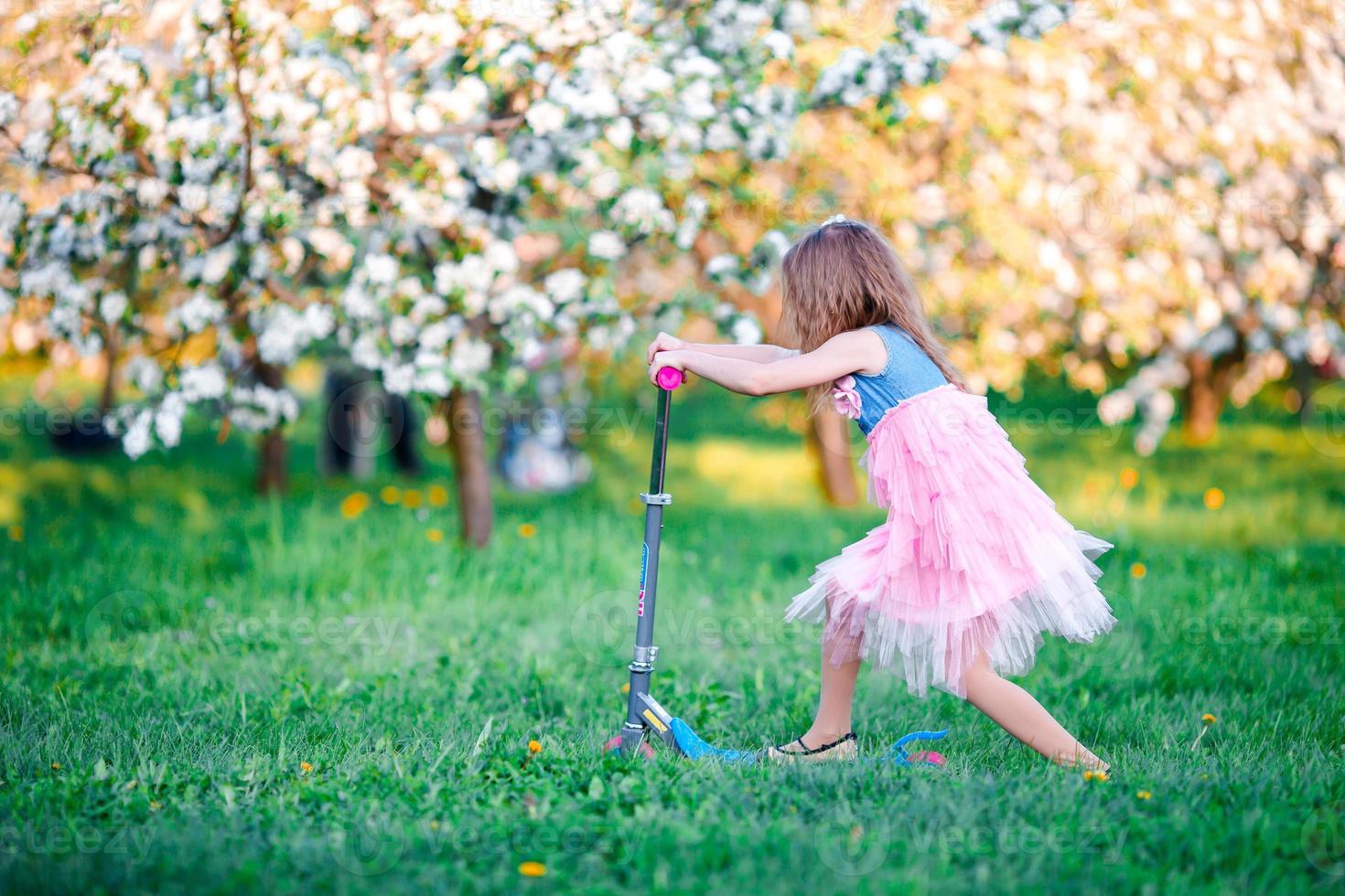 weinig meisje hebben pret Aan scooter in bloeiend appel boom tuin Aan voorjaar dag foto