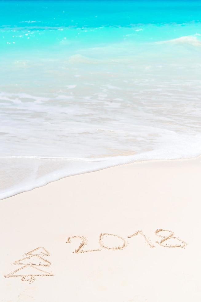 2018 handgeschreven Aan zanderig strand met zacht oceaan Golf Aan achtergrond foto