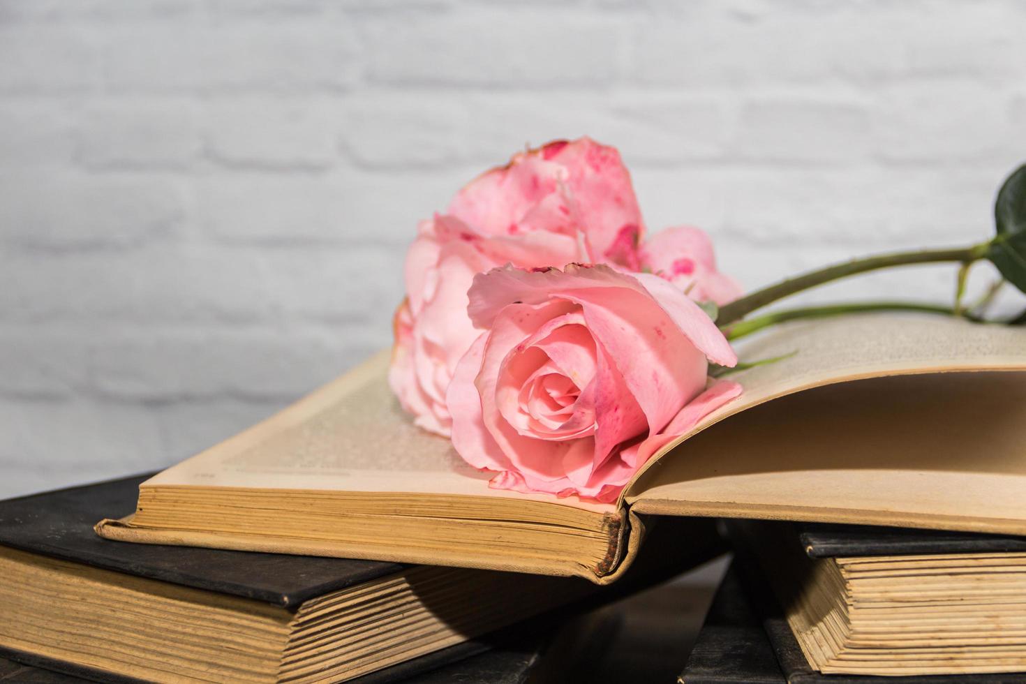 roze rozen en boeken Aan rustiek hout foto