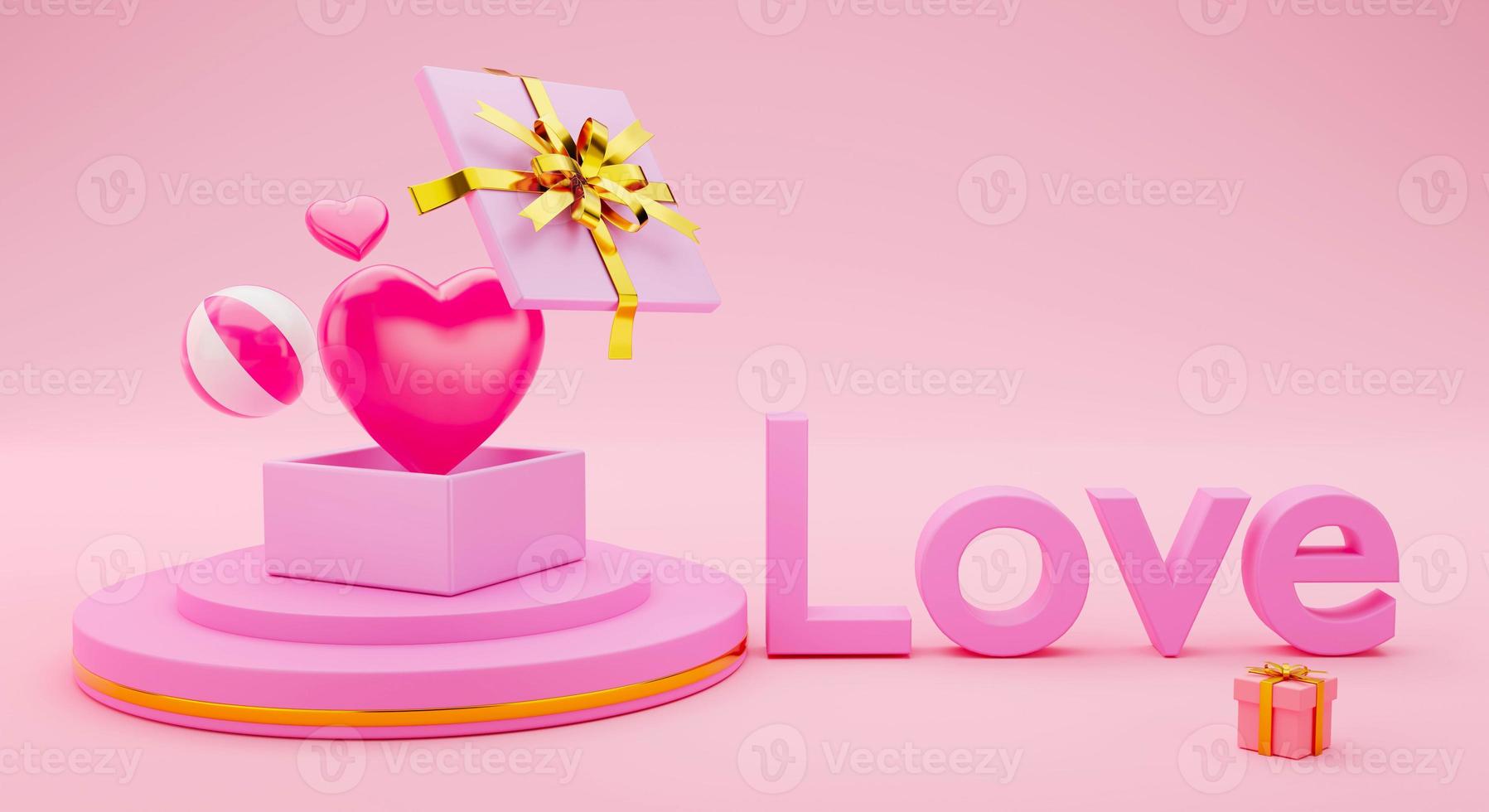 3d renderen harten en geschenk dozen Aan de podium en tekst liefde concept Valentijn dag foto