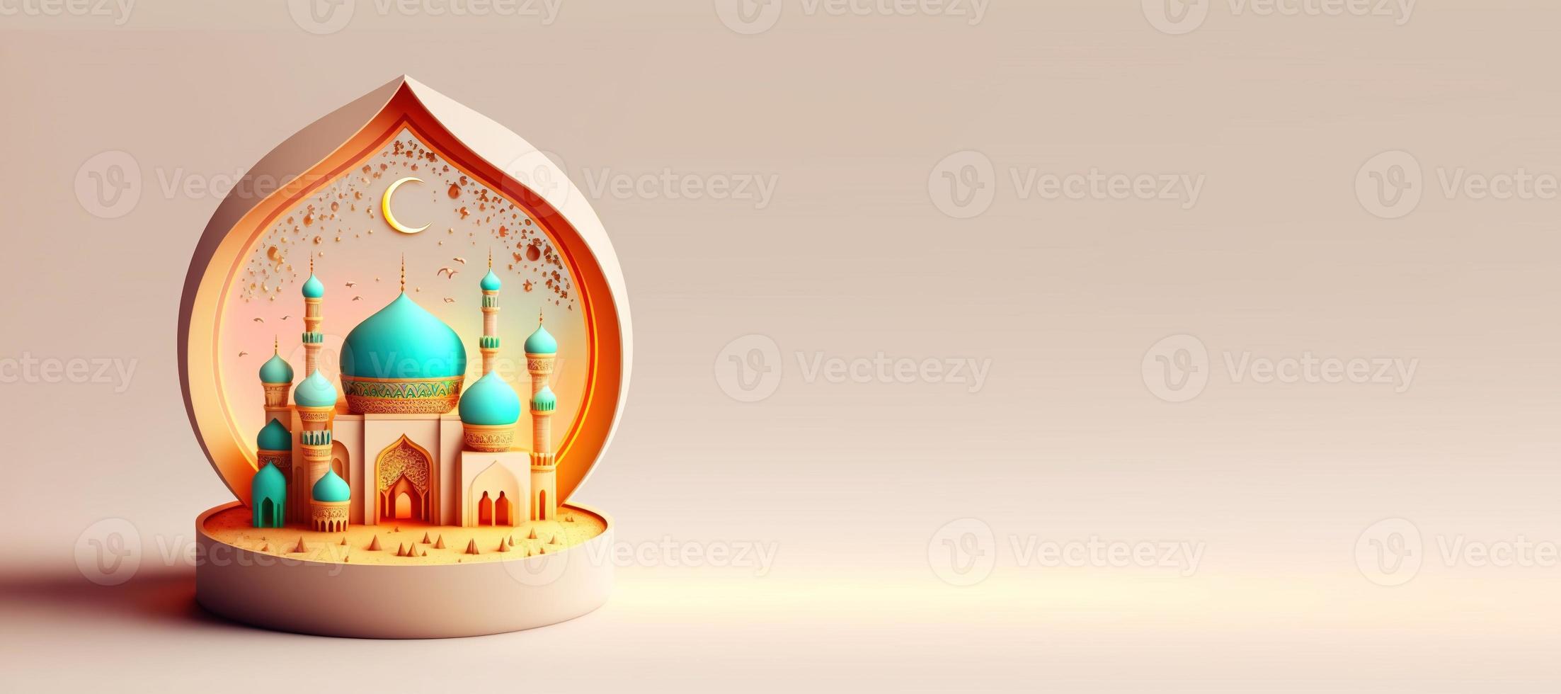 3d illustratie van moskee voor eid Islamitisch Ramadan achtergrond met kopiëren ruimte foto