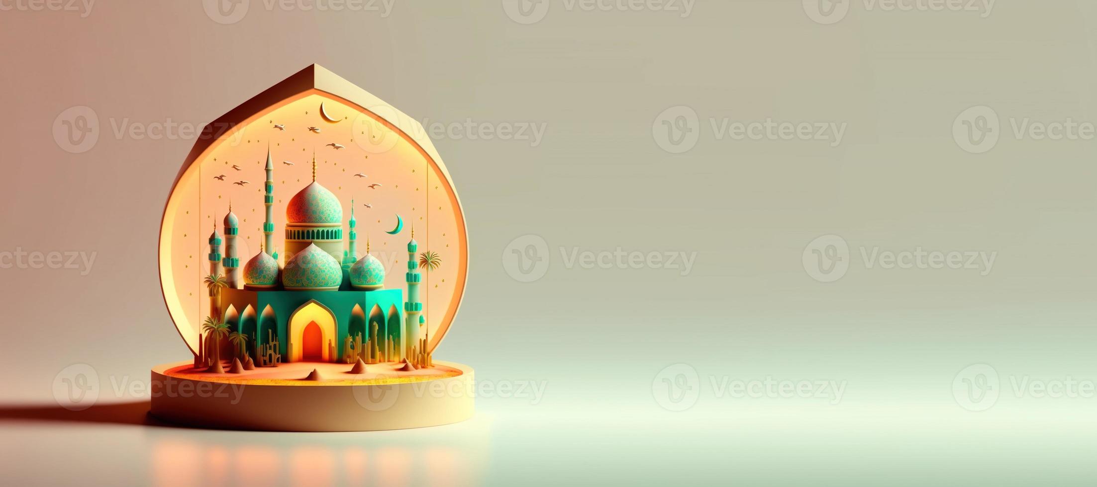 3d illustratie van moskee voor Ramadan islamitisch viering banier met kopiëren ruimte foto