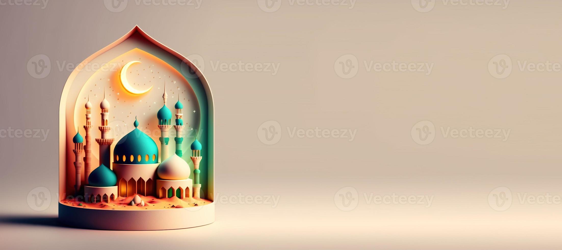 moskee 3d illustratie voor eid Islamitisch Ramadan achtergrond met kopiëren ruimte foto